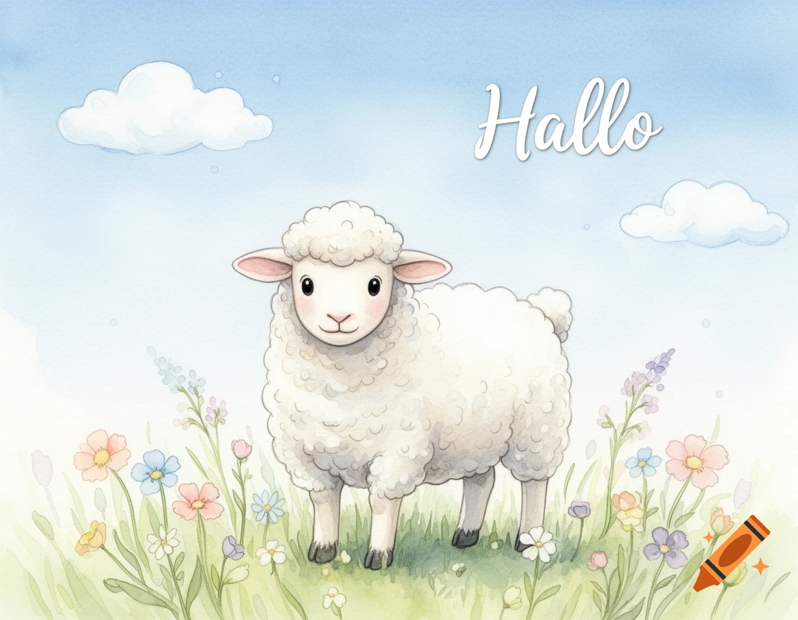 A cute watercolor illustration of a sheep standing in a field of colorful flowers under a blue sky with 'Hallo' written above.