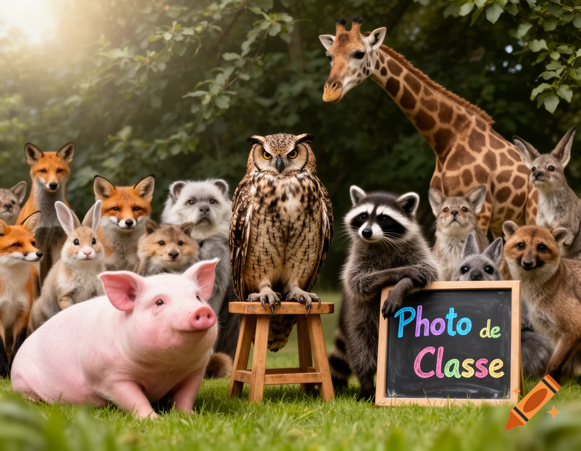 A group of realistic animals, including a pig, foxes, owl, raccoon, and giraffe, posing for a class photo on green grass.