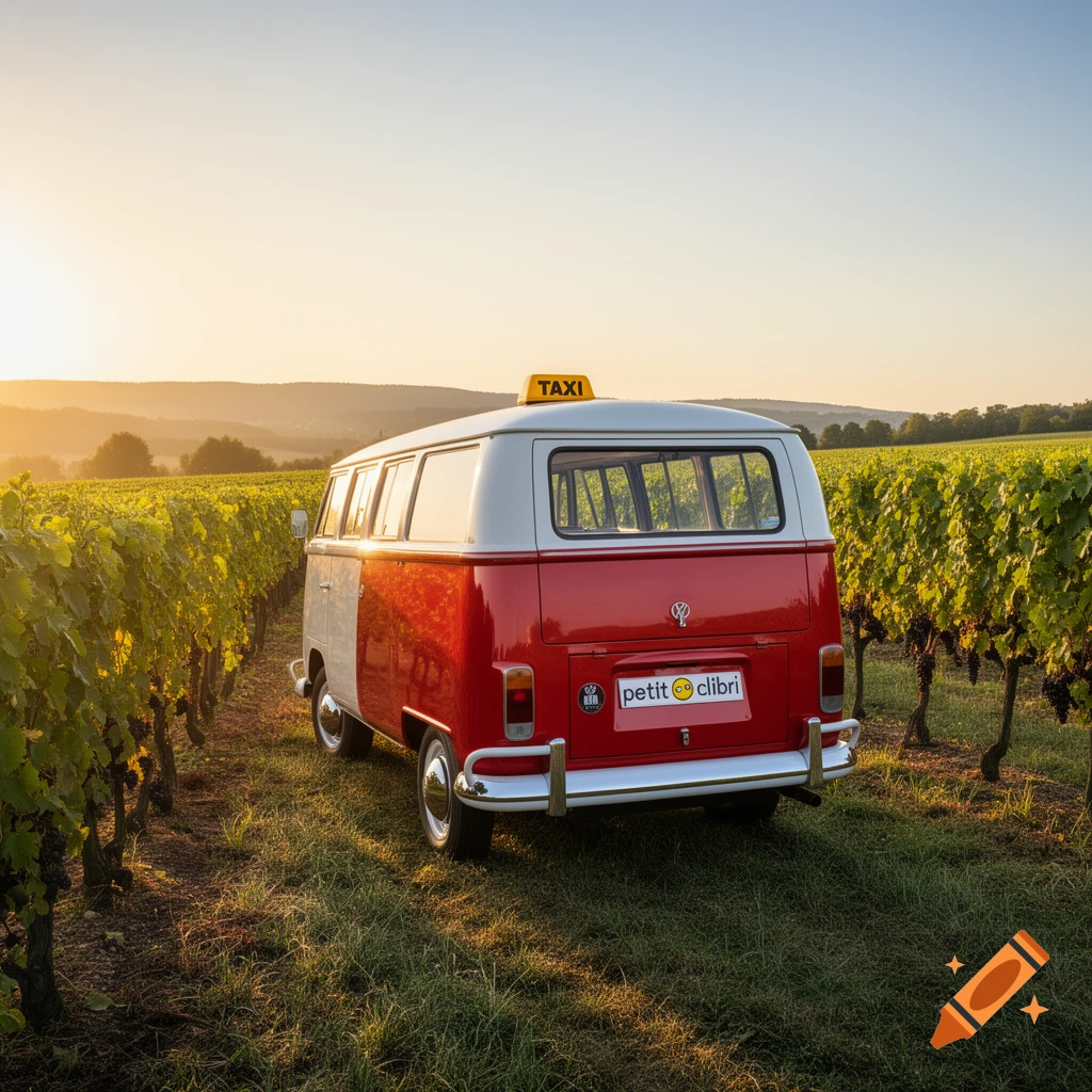 A red and white vintage Volkswagen van, with a yellow 'TAXI' sign on its roof, parked in a vineyard at sunset.
