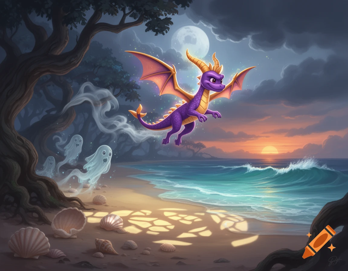 A purple dragon flies over a moonlit beach with white ghosts and seashells, under a sky transitioning from night to sunset.