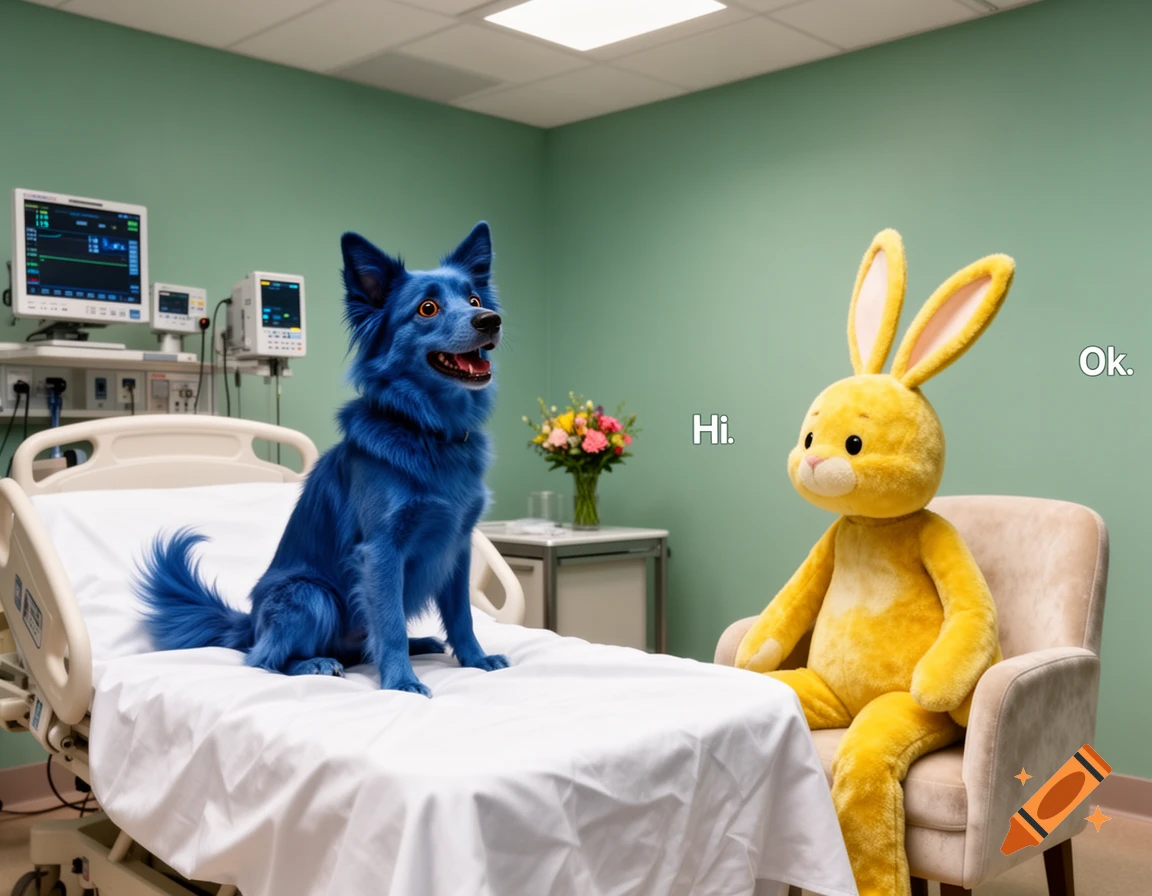 A blue dog sits on a hospital bed facing a yellow bunny in a chair, with 'Hi.' and 'Ok.' text.