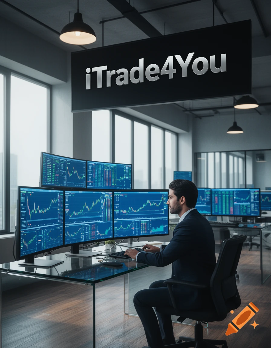 A man in a suit at a glass desk watches multiple curved monitors displaying stock charts in a modern office. 'iTrade4You' sign above. Photorealistic.