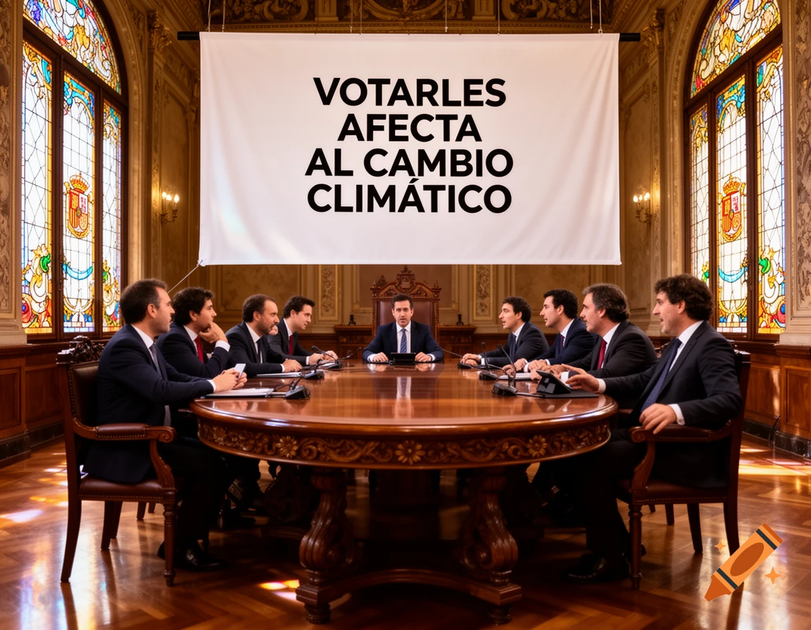 Photorealistic image of politicians in a grand meeting room, with a banner above them that reads 'VOTARLES AFECTA AL CAMBIO CLIMÁTICO'.