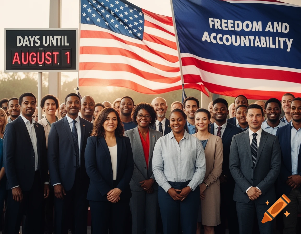 A diverse group of people in business attire stand smiling in front of an American flag and a banner that reads "FREEDOM AND ACCOUNTABILITY," with a digital sign showing "DAYS UNTIL AUGUST. 1."