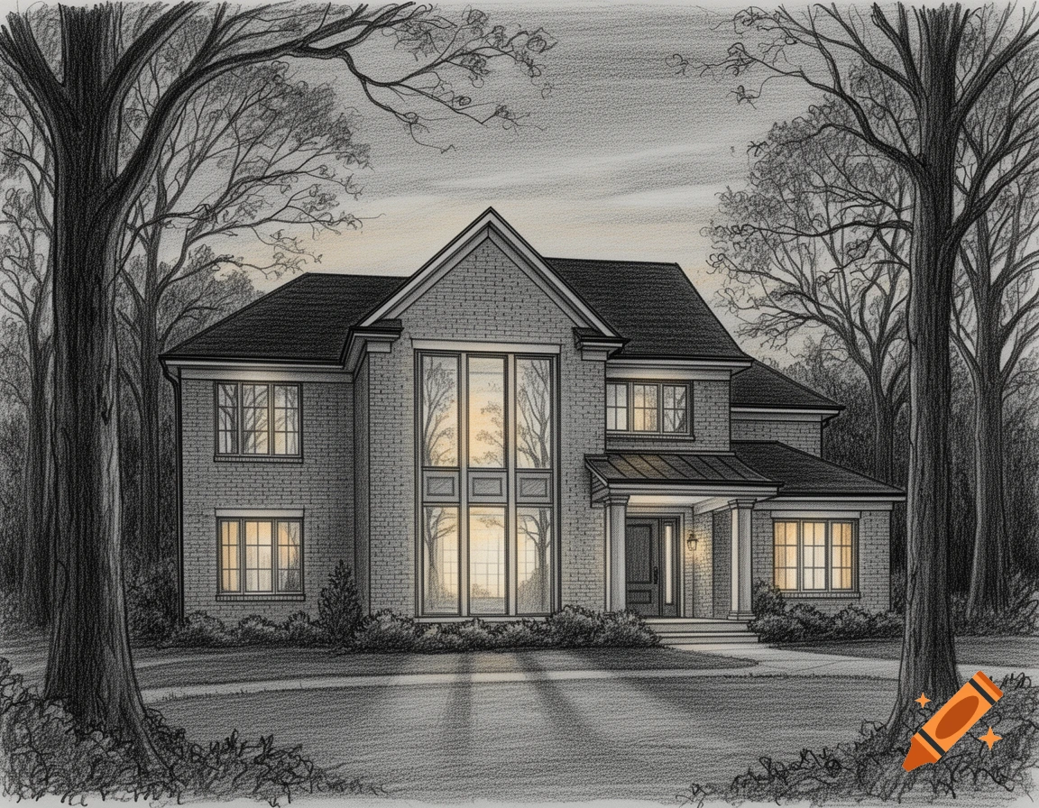 Detailed graphite pencil sketch of a large brick two-story house at dusk, with a wall of windows and glowing interior lights, framed by trees.