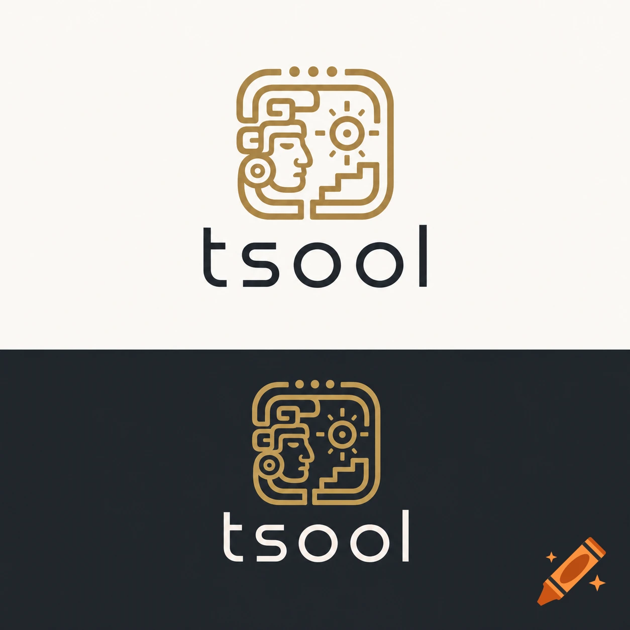 A minimal logo for 'tsool' productivity app, inspired by Mayan culture, featuring an abstract face and geometric shapes. Presented on light and dark backgrounds.