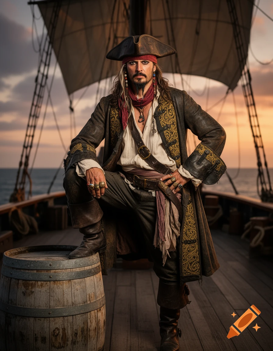 Photorealistic portrait of a confident pirate man in a tricorn hat, posing on a ship deck with one leg on a barrel at sunset.