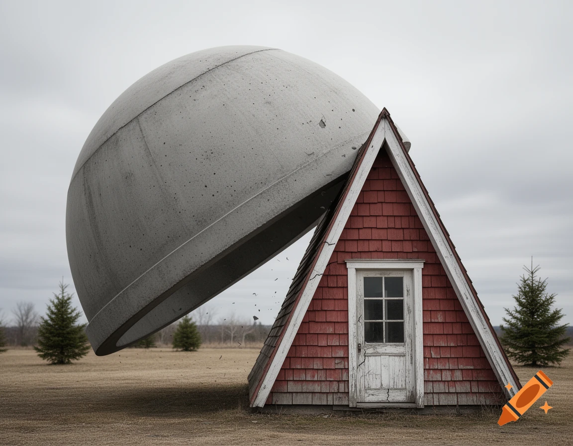 A giant concrete dome appearing to crash into a small, red A-frame house in a barren field under a cloudy sky.