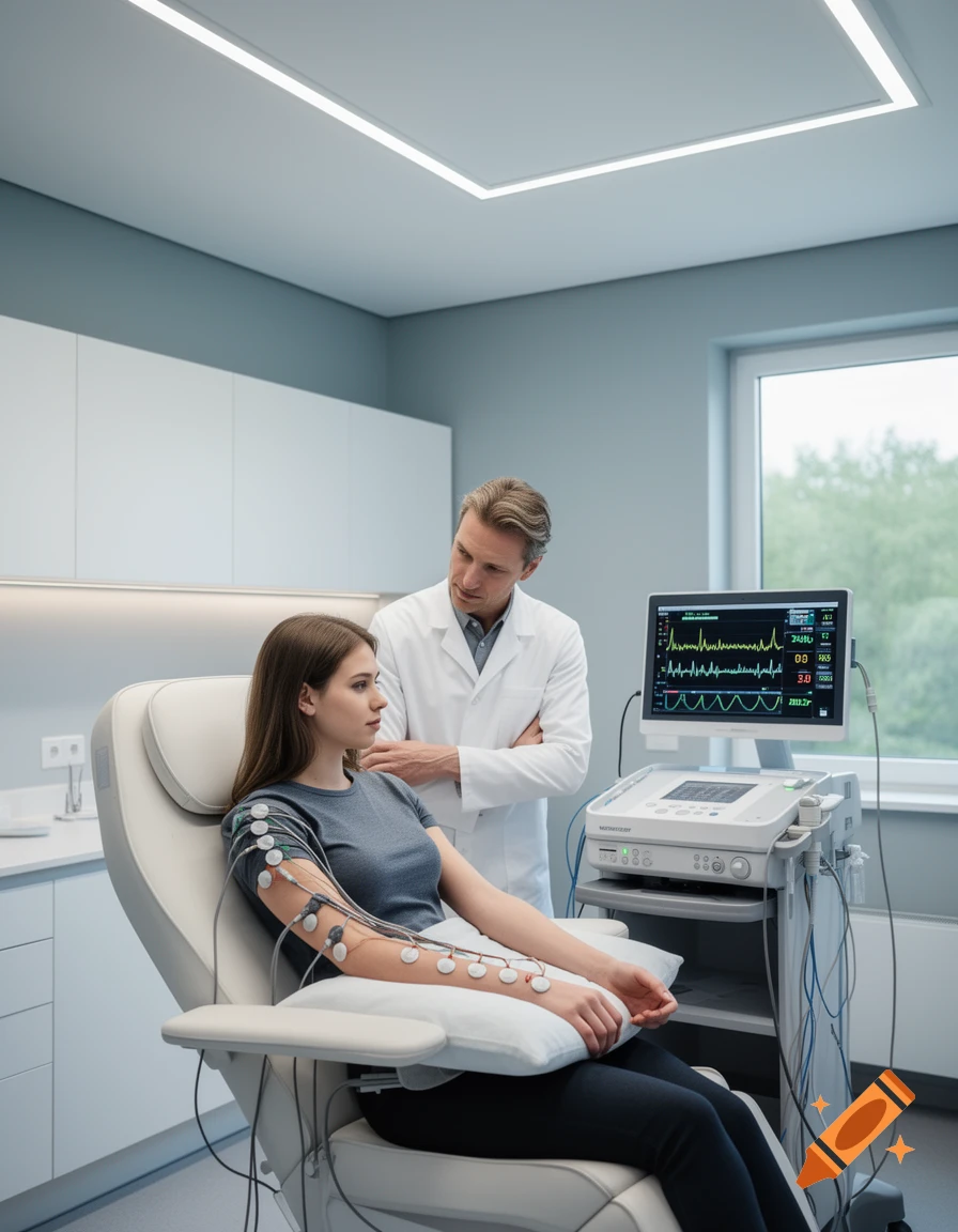 A doctor in a white lab coat stands next to a female patient seated in a medical chair, her arm connected to electrodes for a nerve test. Medical equipment with a monitor displays readings in a clean clinic.