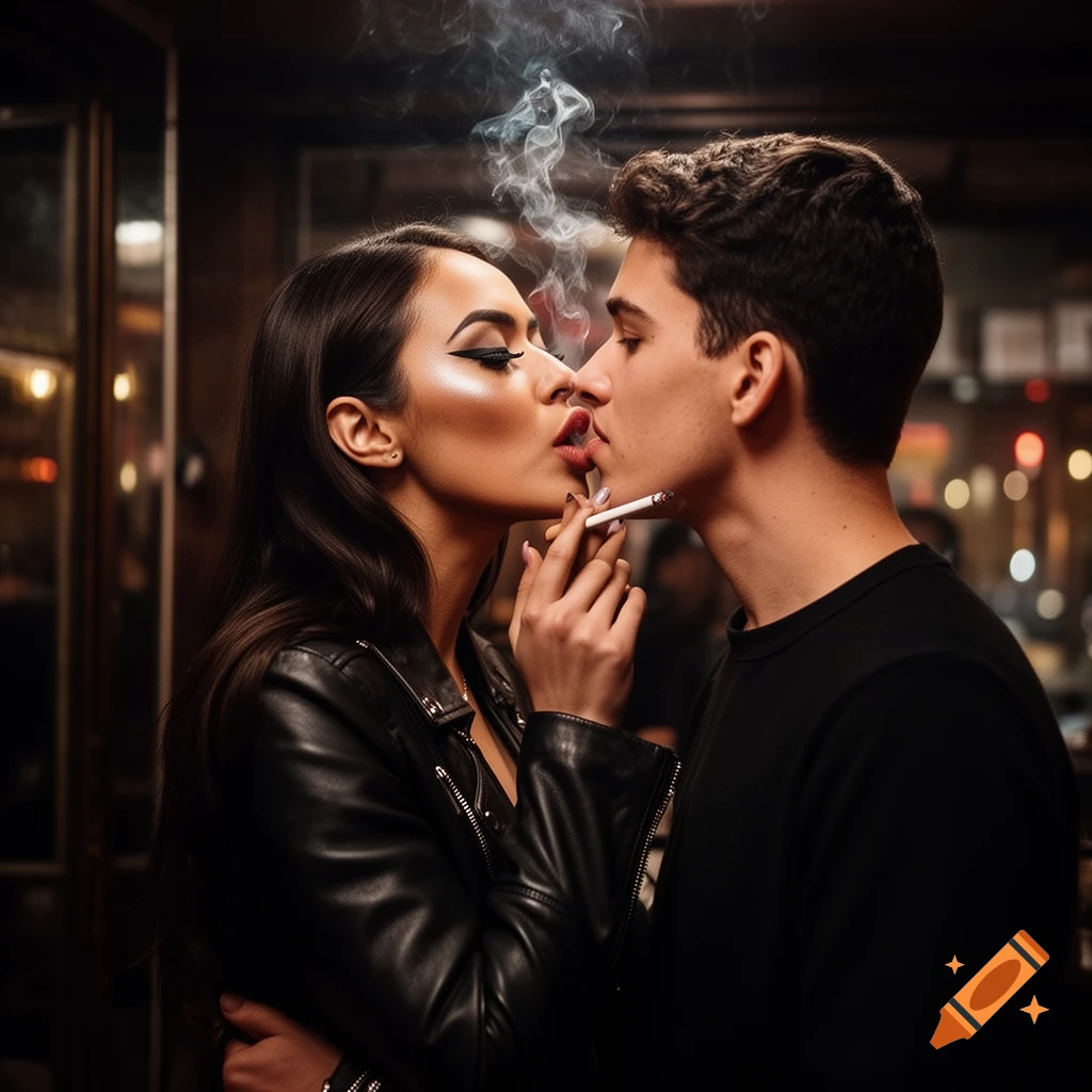 A photorealistic portrait of a couple almost kissing, the woman exhaling cigarette smoke in a dimly lit bar.