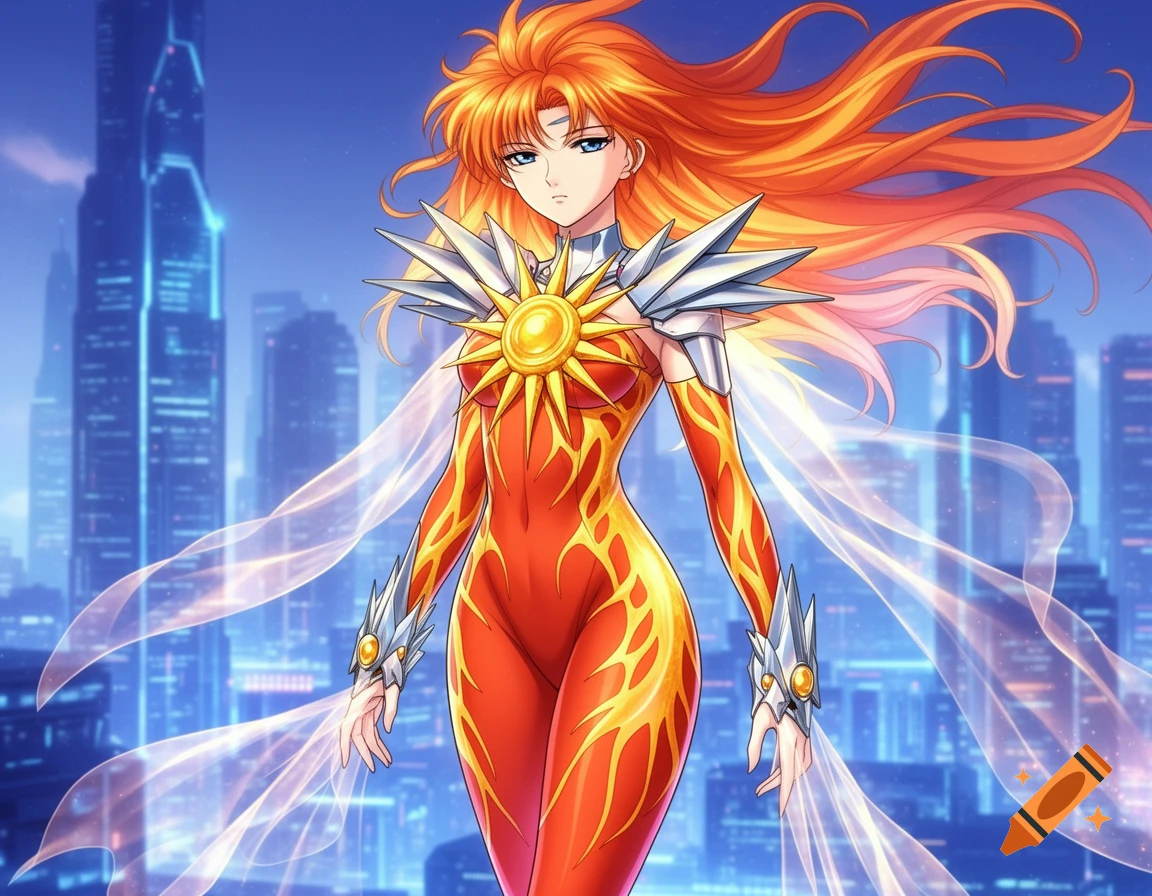 Anime woman with fiery orange hair in a futuristic, sun-themed orange and yellow bodysuit, standing against a city skyline.