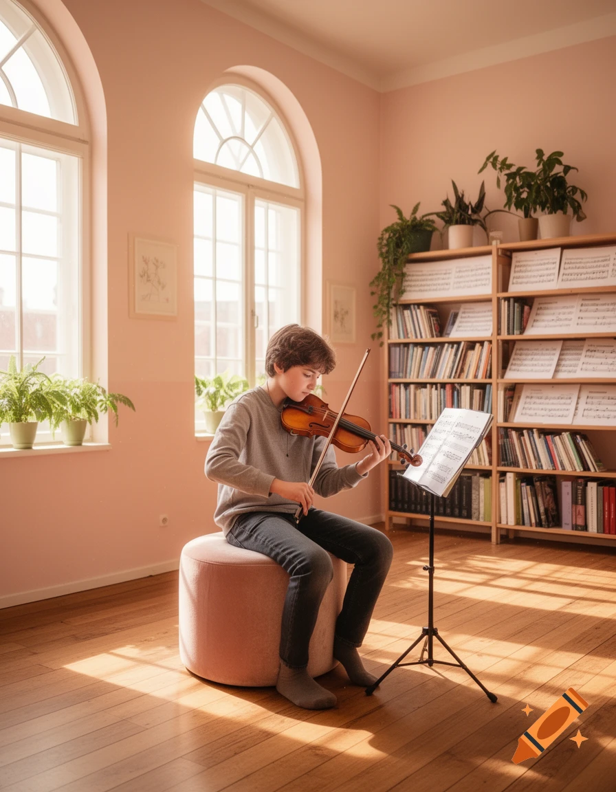 A young person sits on a pink stool playing a violin in a room with light pink walls, arched windows, and bookshelves filled with books and sheet music.