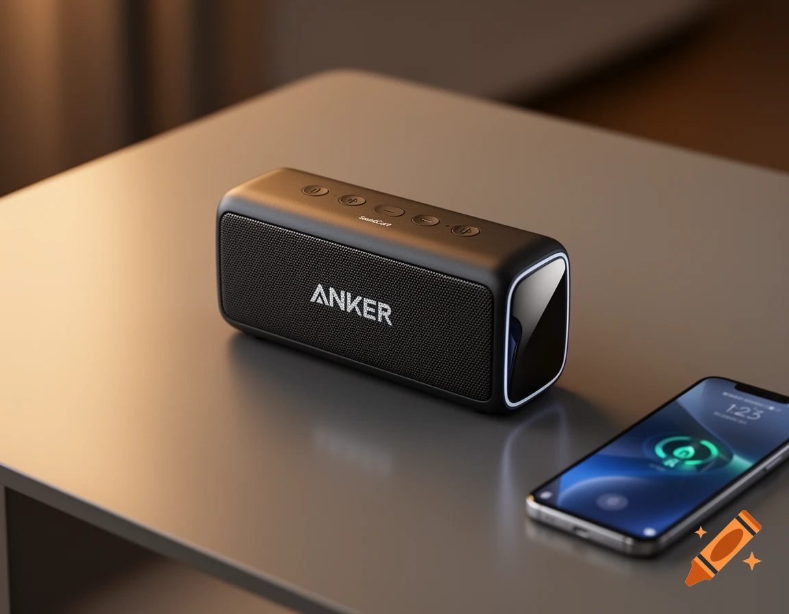 A black Anker SoundCore Bluetooth speaker and a smartphone with a charging icon sit on a grey table, photorealistic style.