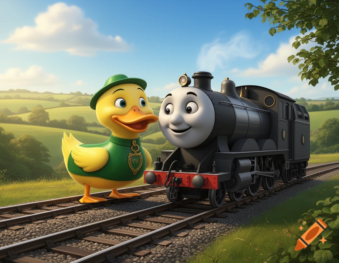 A friendly yellow duck in a green uniform and a black cartoon train engine smiling on railroad tracks in a green, hilly landscape.