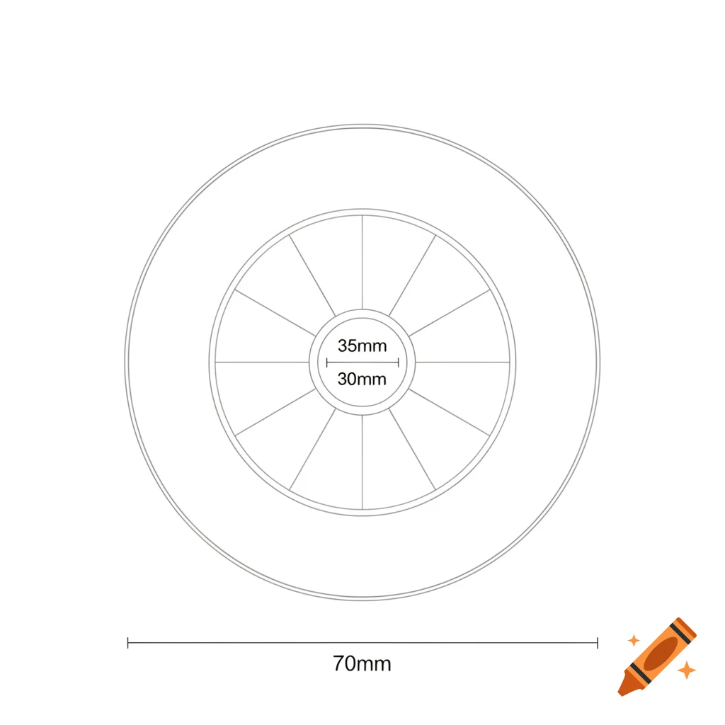 A technical drawing showing four concentric circles with radial divisions and dimension labels for 30mm, 35mm, and 70mm diameters.
