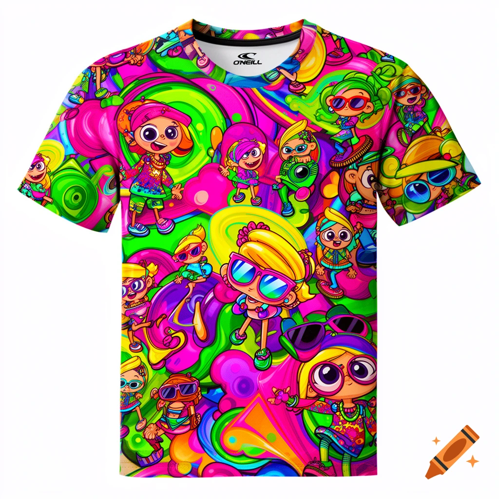 A vibrant t-shirt featuring a psychedelic cartoon pattern of numerous whimsical characters with big eyes and sunglasses.