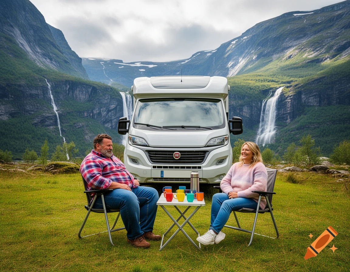 A man and a woman relax in camping chairs in front of a white camper van with majestic waterfalls and mountains in the background.