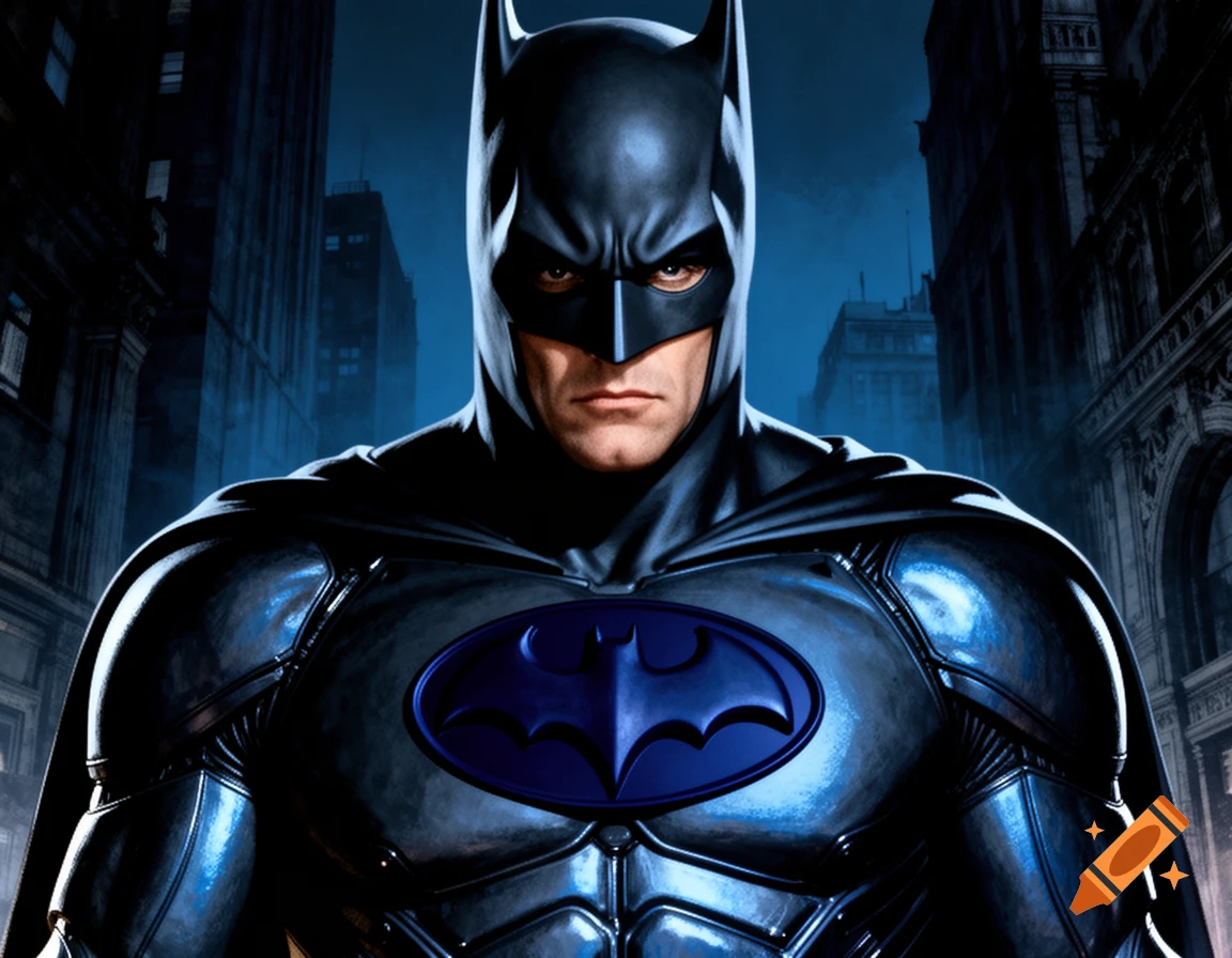 George Clooney as Batman in a sleek, dark blue and black armored batsuit with a prominent chest symbol, against a moody neo-gothic city backdrop.