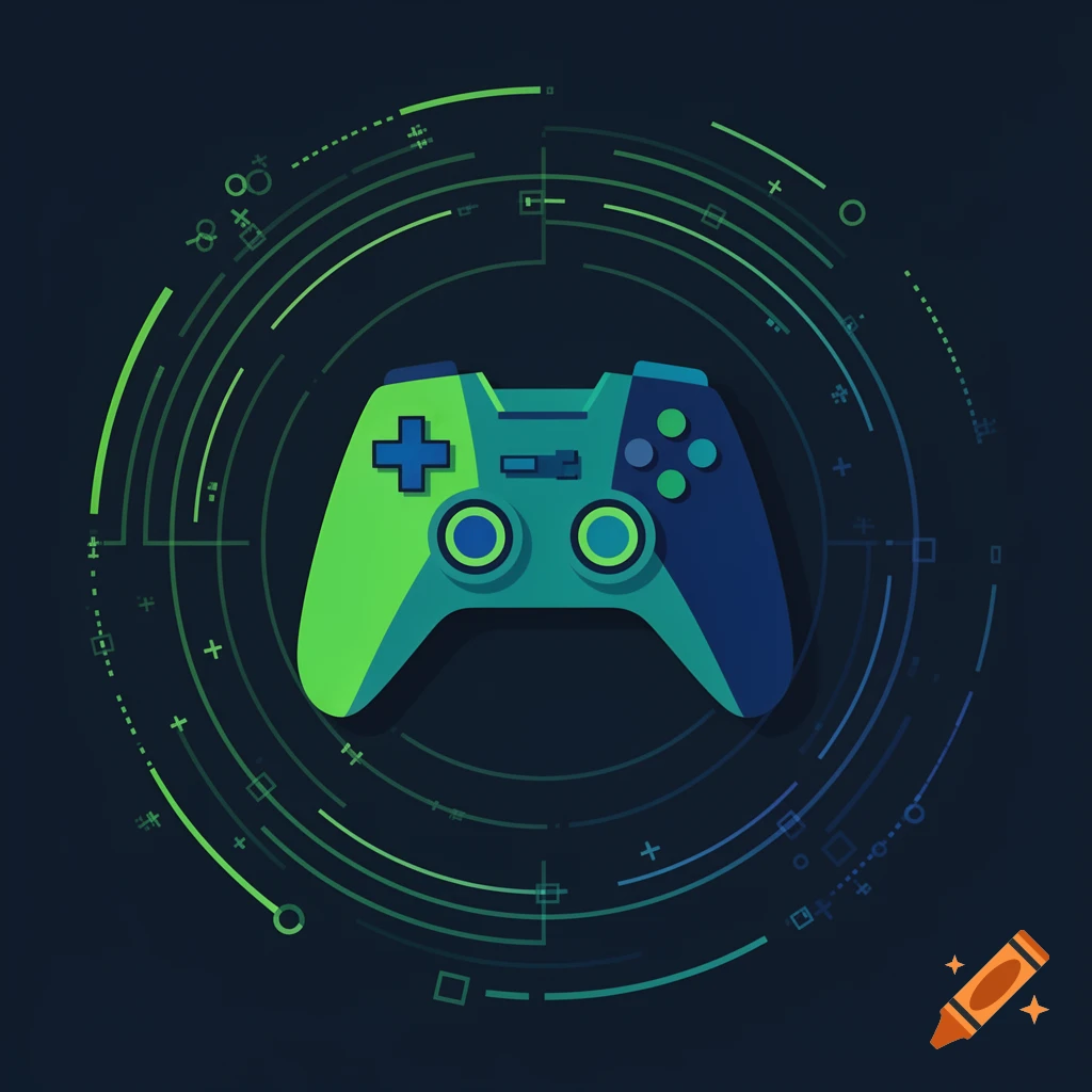 A stylized green and blue video game controller icon, surrounded by a circular tech-themed graphic on a dark background.