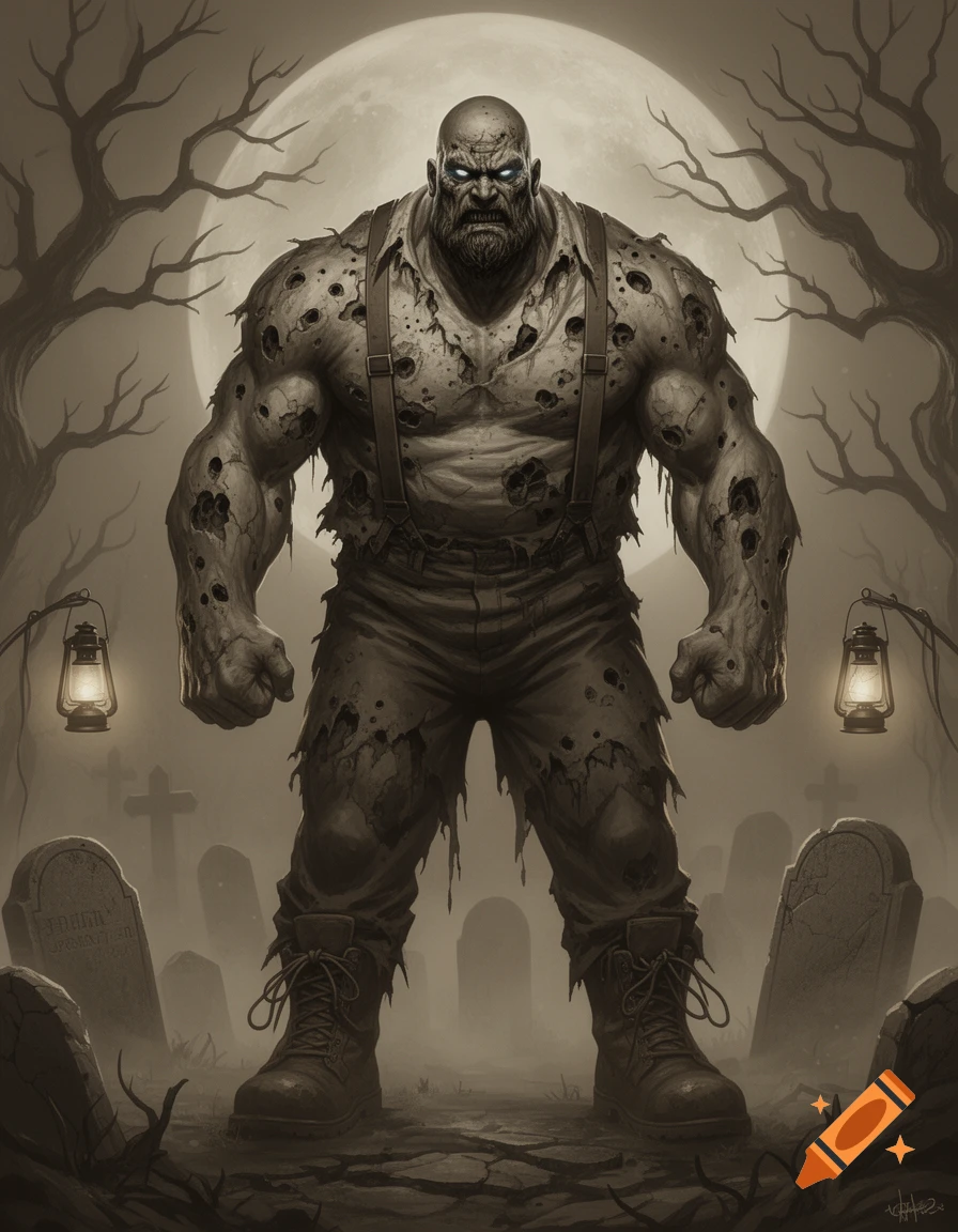 A muscular, zombie-like man with glowing eyes stands in a dark graveyard under a full moon, in a stylized illustration.