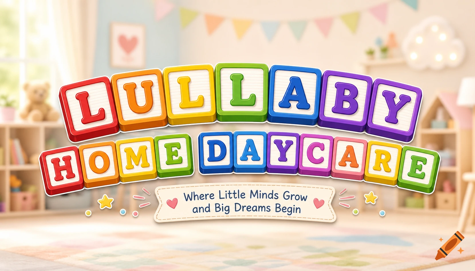 Colorful alphabet blocks spell 'Lullaby Home Daycare' with the slogan 'Where Little Minds Grow and Big Dreams Begin' in a child's room.
