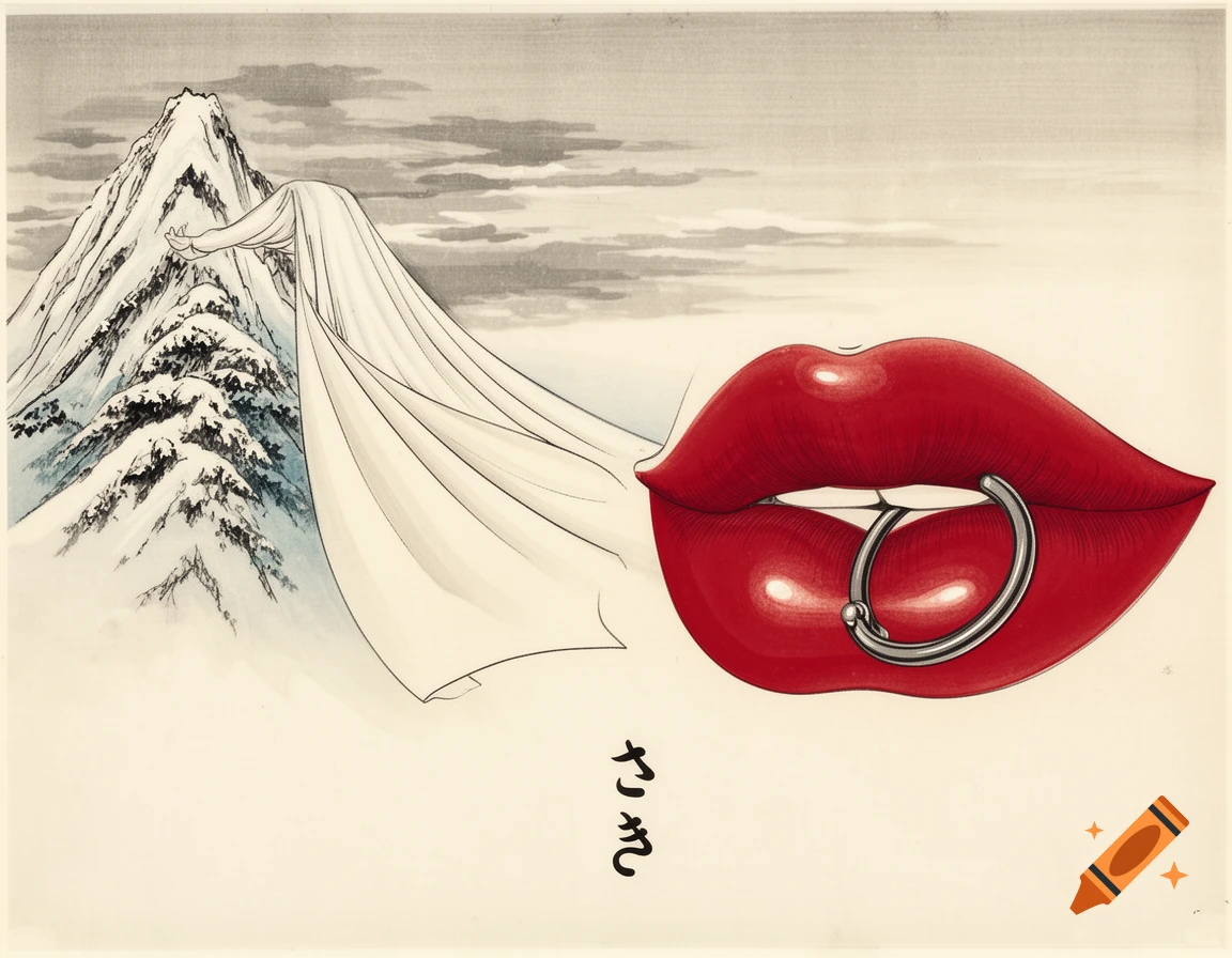Japanese woodblock print of a snowy mountain with a flowing white cape next to large red lips with a silver lip ring. Japanese text '\u3055\u304d' below.