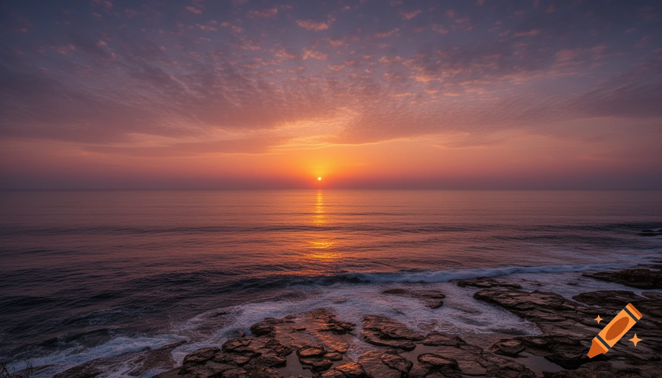 Vibrant sunset over a calm ocean with sun reflecting on water and a rocky shore.