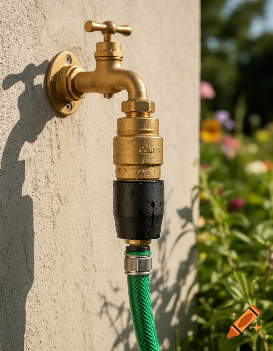 A close-up of a brass garden water tap with a backflow preventer and a green hose attached, mounted on an outdoor wall.