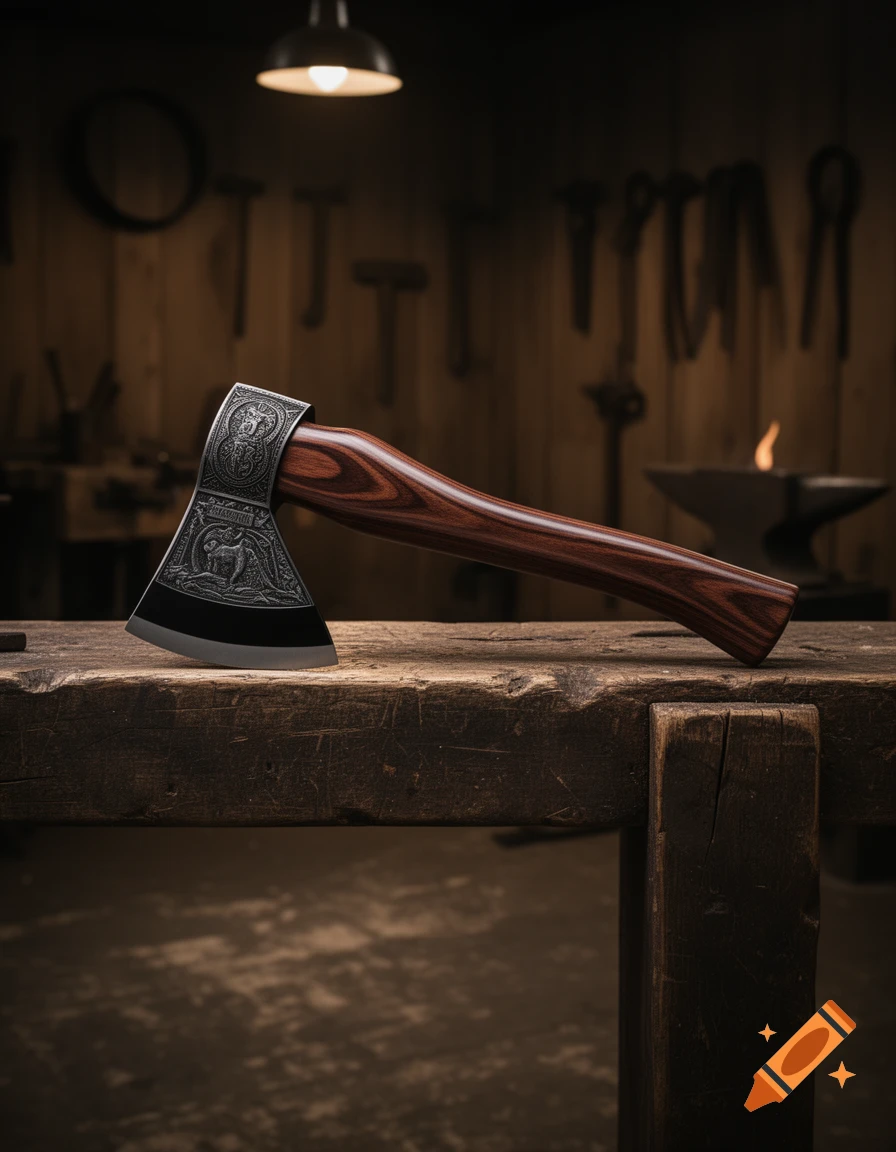 A detailed, engraved axe with a dark wooden handle lies on a rustic workbench in a dimly lit blacksmith's workshop.