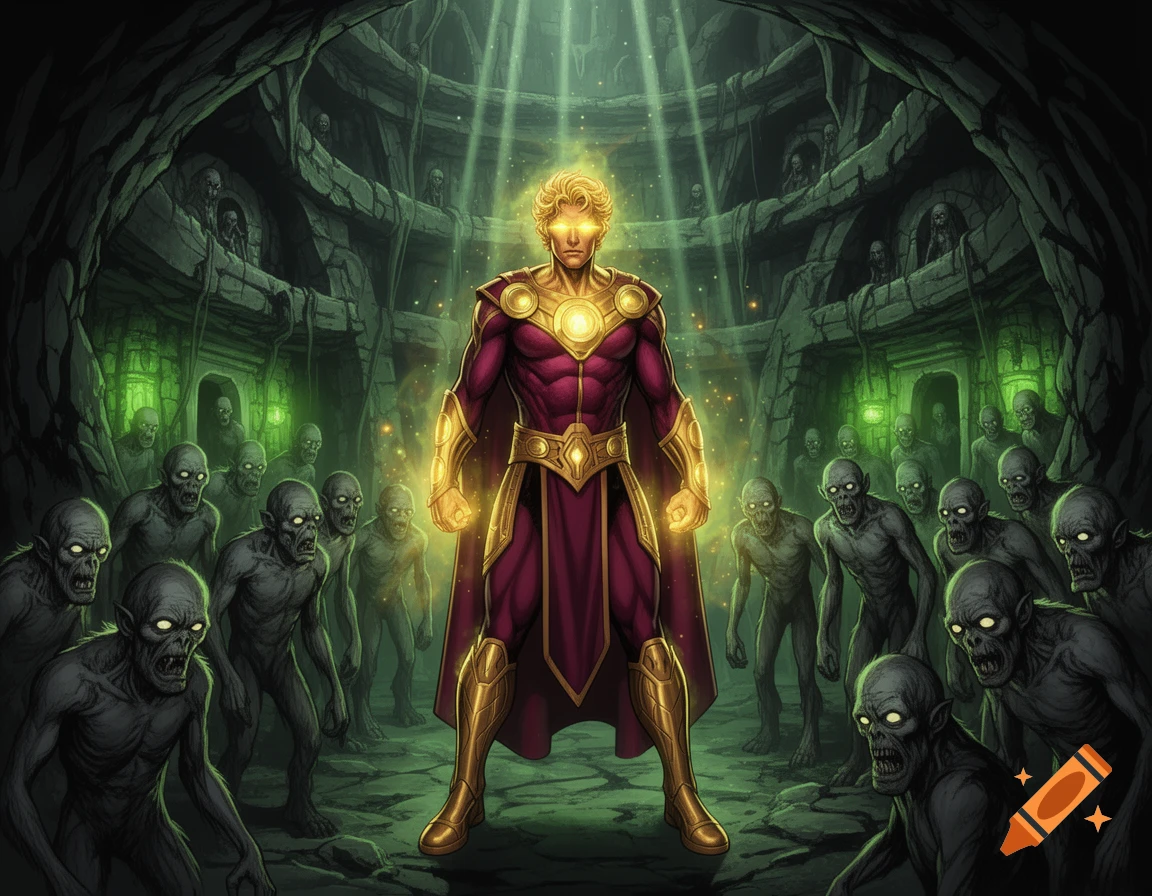 A glowing golden superhero stands powerfully, surrounded by a horde of grey, zombie-like monsters in a dark, cavernous dungeon.