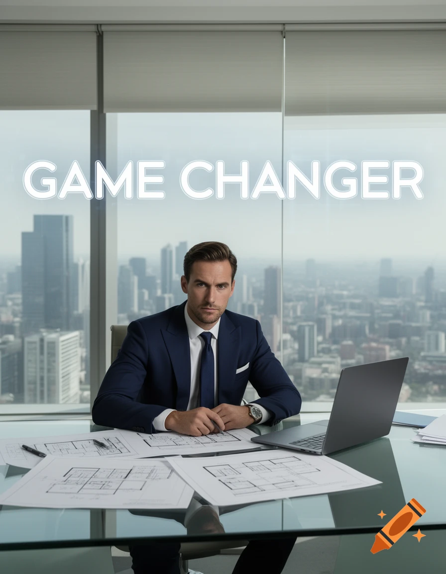 A serious businessman in a suit sits at an office desk with architectural plans and a laptop, "GAME CHANGER" visible on the window with a cityscape view.