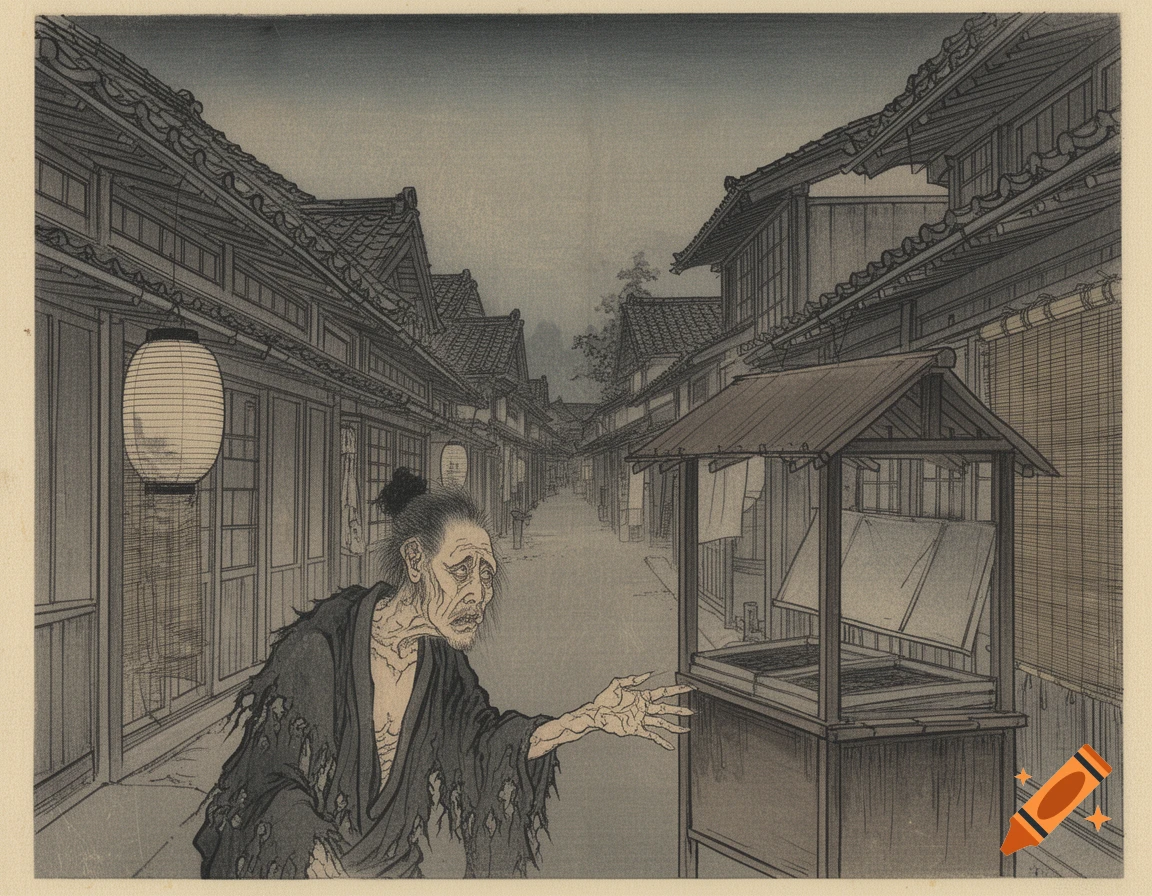 An emaciated old man in tattered clothes reaches out to a street stall on a dark traditional Edo-style Japanese street, depicted in a woodblock print.