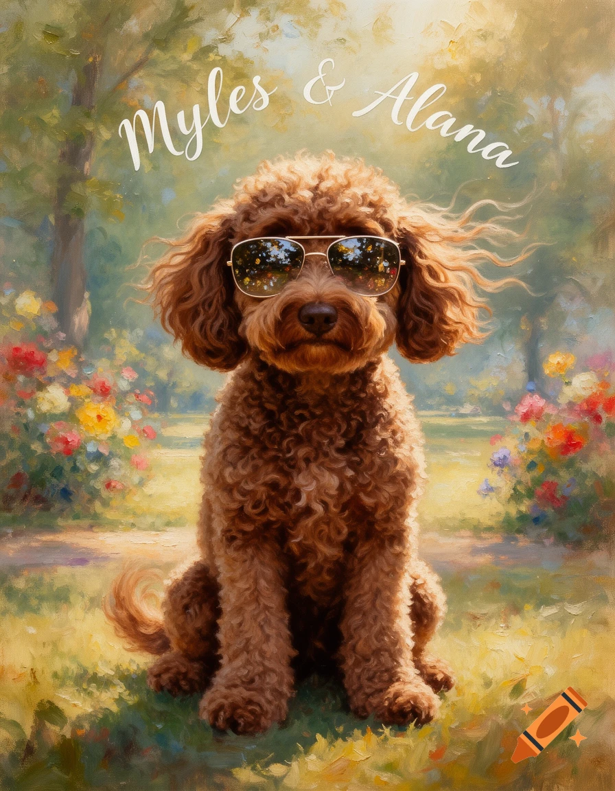 An oil painting of a brown curly-haired dog wearing sunglasses, sitting in a sunny park with flowers, with 'Myles & Alana' written above.