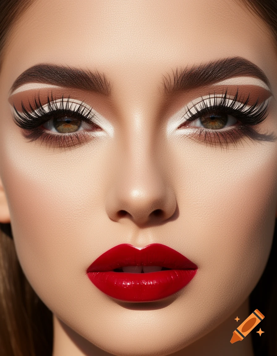 Close-up of a woman's face with dramatic eye makeup including long false eyelashes and white eyeshadow, and shiny red lipstick.