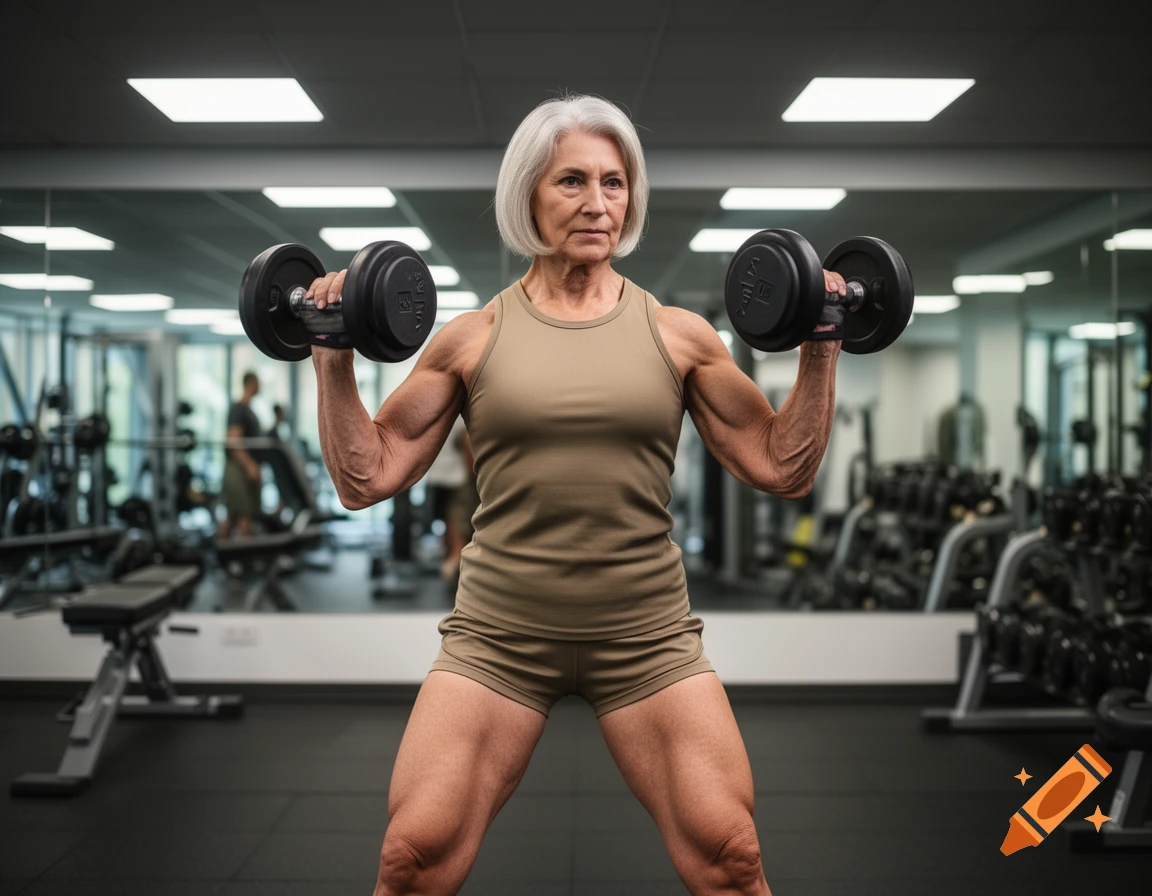 A muscular elderly woman with short white hair lifts dumbbells in a gym, looking determined.