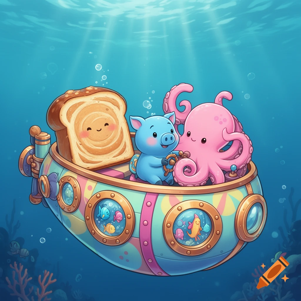 A cute cartoon bread, blue pig, and pink octopus smile while riding in a colorful submarine underwater, with fish swimming outside.