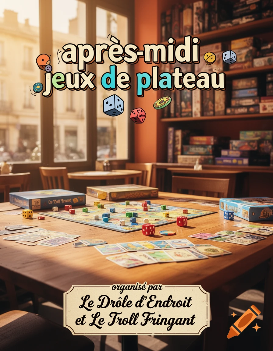 A colorful flyer advertising a board game afternoon event in a sunlit cafe, featuring a game board on a wooden table with dice and cards.