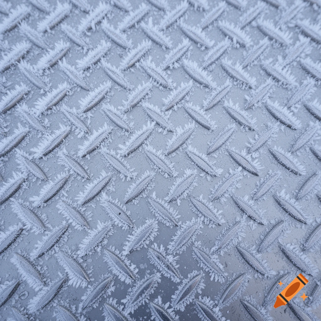 Close-up of a silver diamond plate texture covered in white frost.
