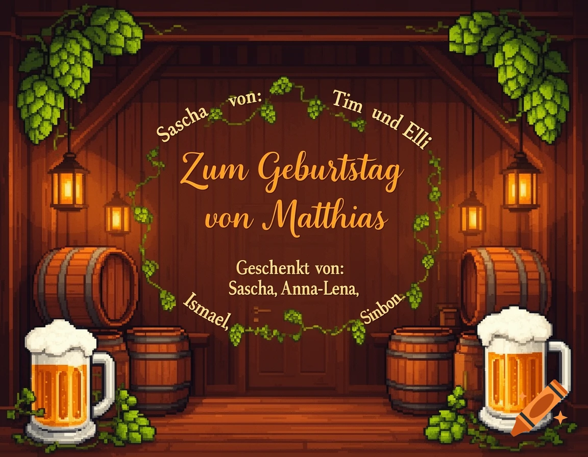 Pixel art birthday voucher for Matthias, featuring beer mugs, barrels, hops, and lanterns in a rustic tavern setting.