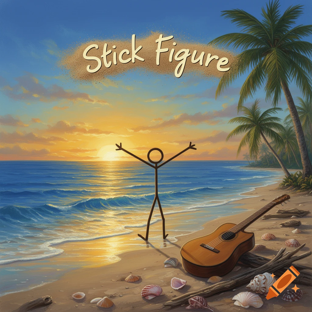 A stick figure with arms raised on a sunny beach at sunset, with an acoustic guitar and seashells in the foreground. The text 'Stick Figure' is in the sky.