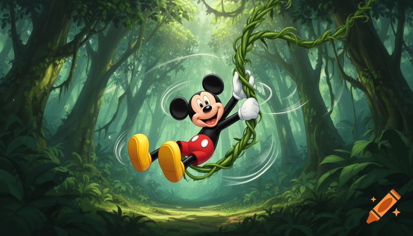Mickey Mouse swings joyfully on a green vine through a lush, sunlit jungle in a vibrant cartoon style.