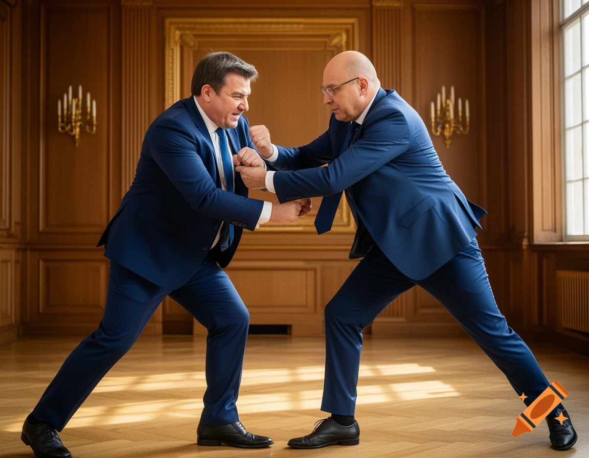 Two men in dark blue suits are locked in a playful wrestling stance in a grand, wood-paneled room with high windows and a large ornate framed picture.