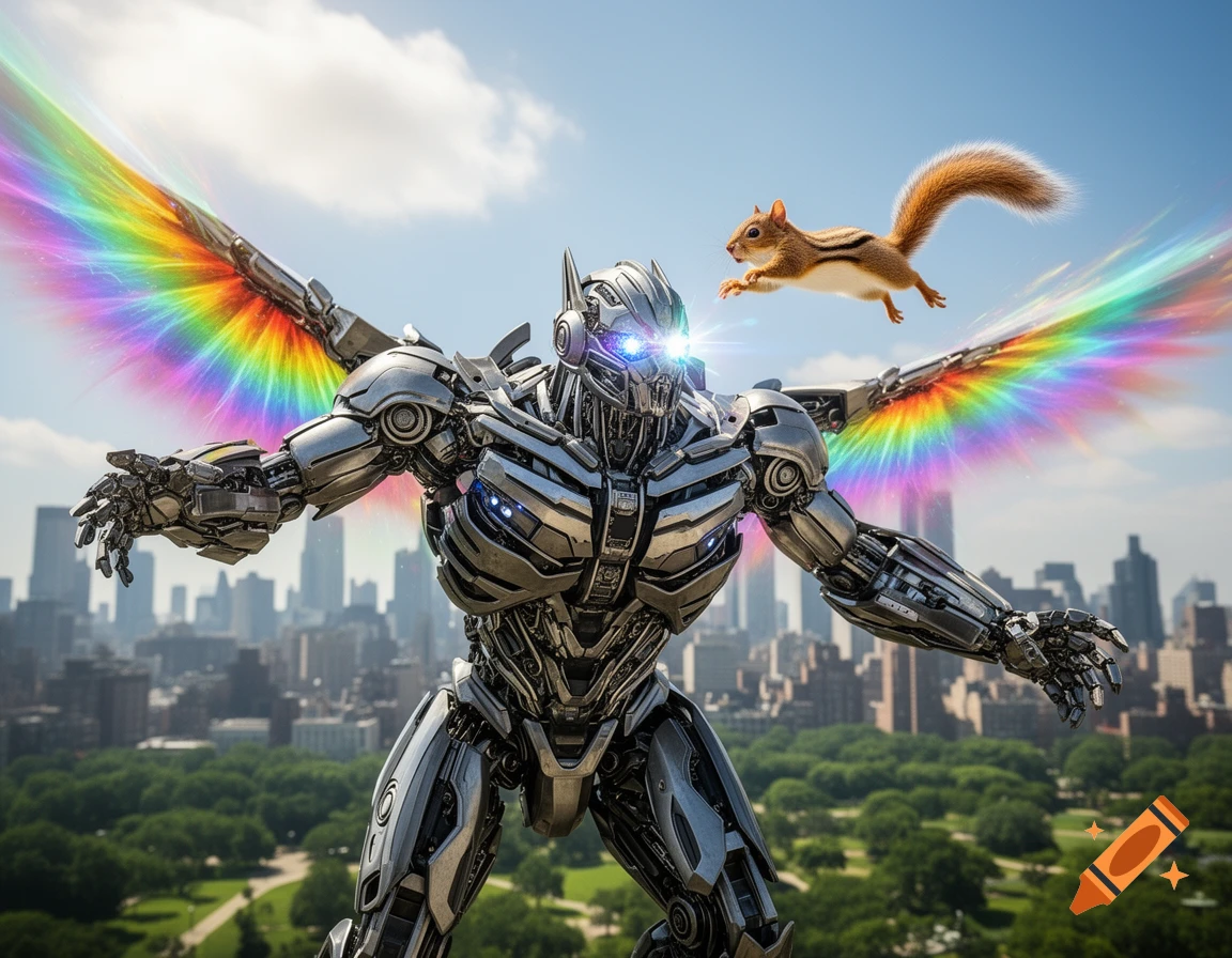 A giant silver robot with glowing blue eyes and rainbow wings extends its arms towards a flying squirrel against a cityscape backdrop.