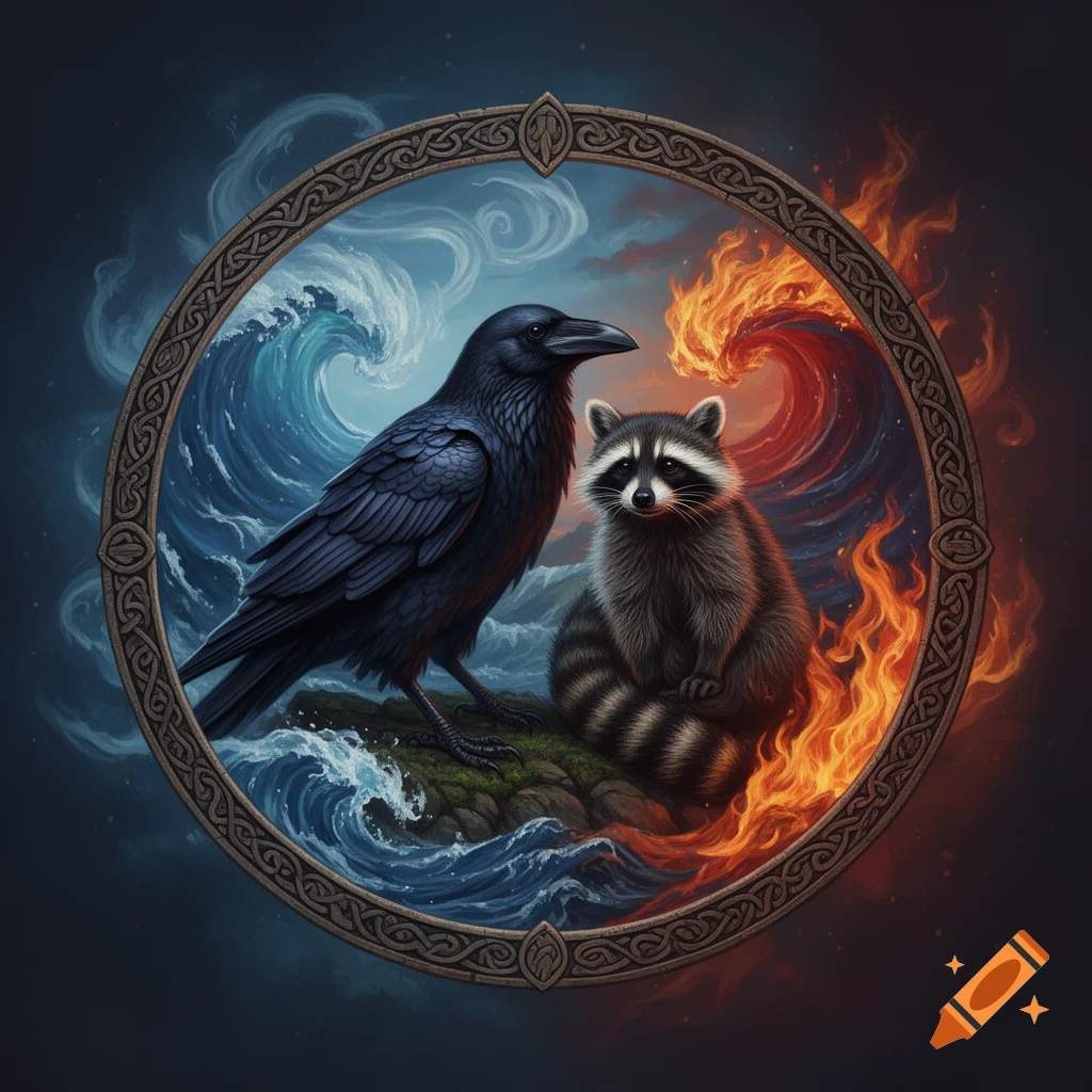 A stylized illustration of a black raven and a raccoon sitting within a circular frame, with ocean waves on the left and flames on the right.