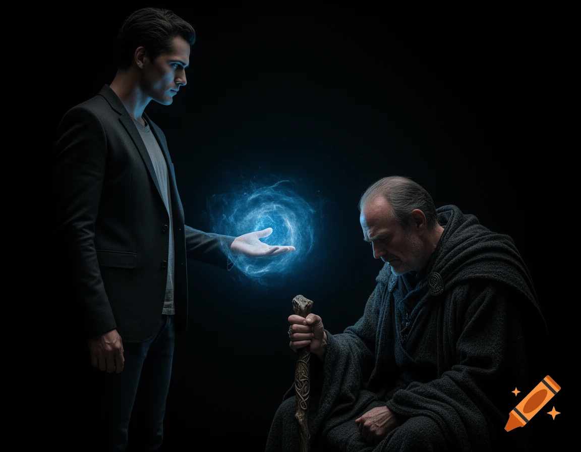 A young man extends a hand with a glowing blue orb towards an older robed man holding a staff, set against a dark background.