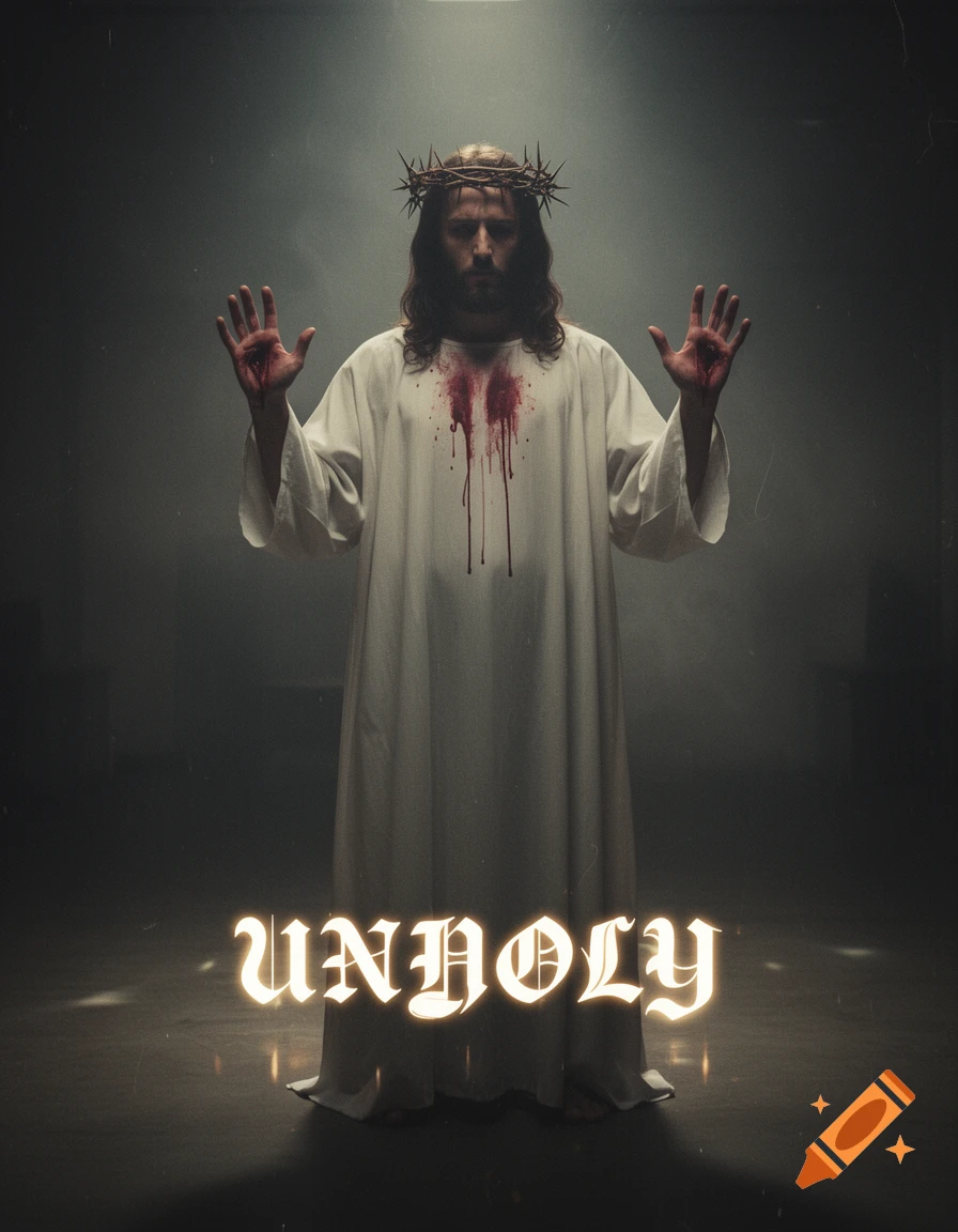 A solemn figure resembling Jesus Christ, wearing a crown of thorns and a blood-stained white robe, raises his bloodied hands. The word 'UNHOLY' glows in old English script at the bottom.