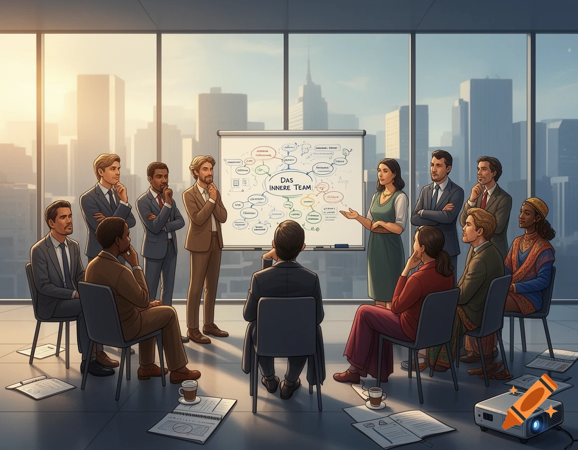 An illustration of a diverse business team in a modern office during a meeting, with a woman presenting at a whiteboard.