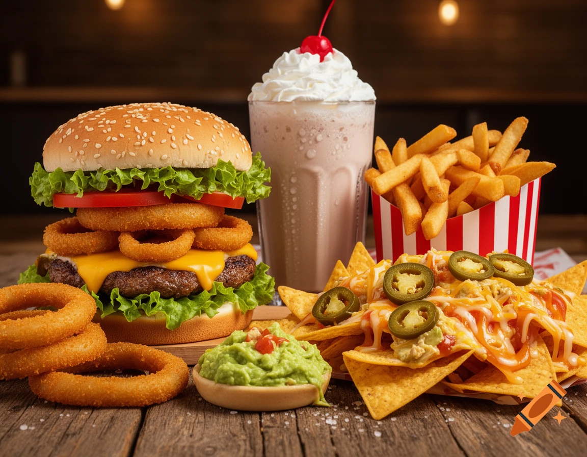 A large fast food meal on a rustic wooden table, featuring a cheeseburger with onion rings, french fries, nachos, guacamole, and a milkshake with a cherry, all in a photorealistic style.