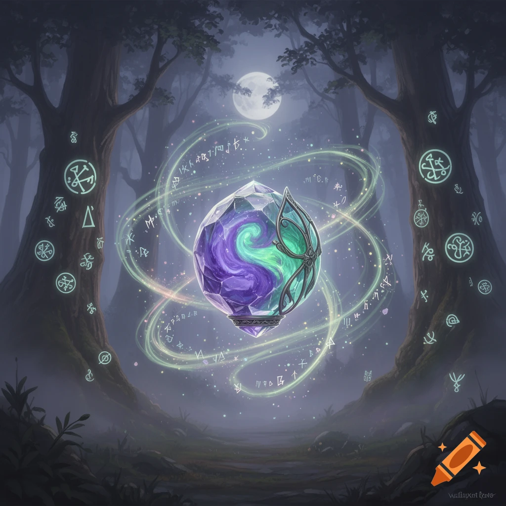 A glowing purple and green magical crystal floats in a dark, misty forest, surrounded by swirling energy and runes under a full moon.