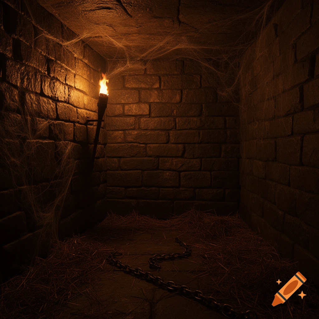 Dark dungeon room with a lit torch on a brick wall, spiderwebs, hay, and chains on the floor.
